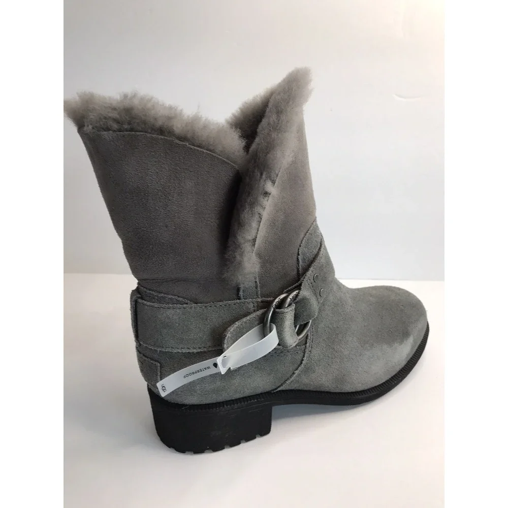 Women's ugg bodie charcoal grey faux fur lined buckle water proof boot‎ size 6